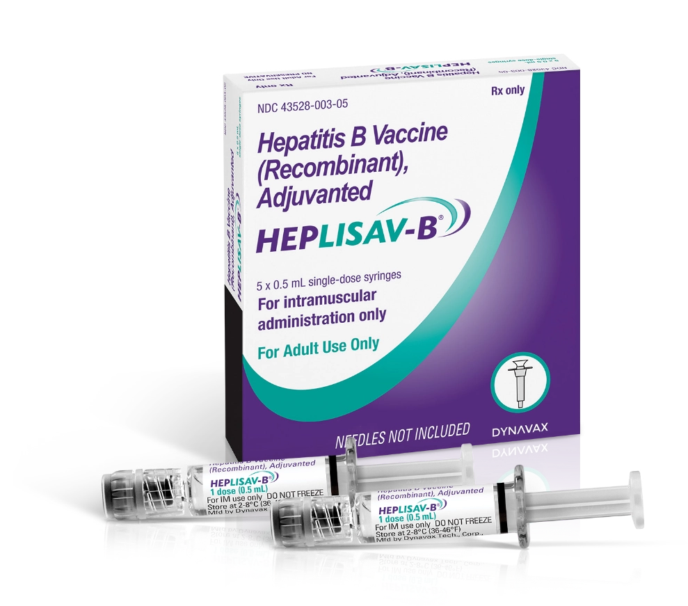 box of HEPLISAV-B (five doses) with two doses on the table in front of it